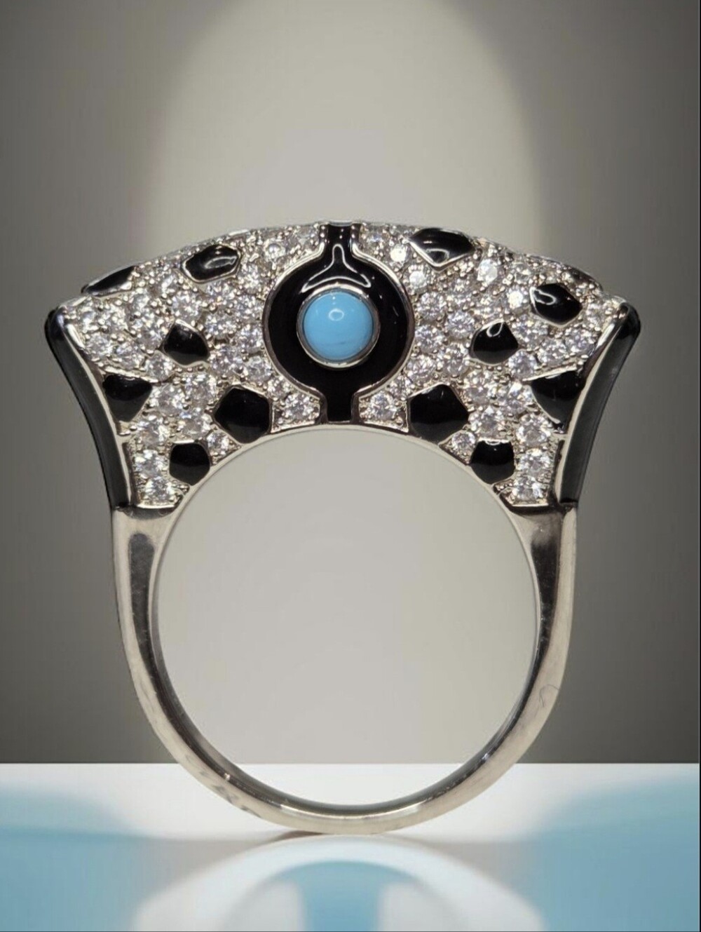 Stunning Unique Silver Pave Zircon Crystal Onyx Enamel Turquoise Cabochon Ring
